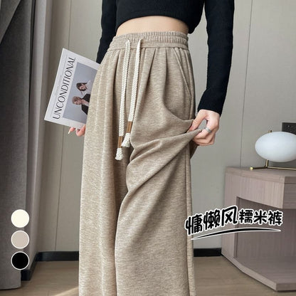 Drawstring Waist Plain Wide Leg Knit Pants SpreePicky