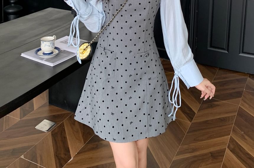 Long Sleeve Collared Dotted Mock Two Piece A-Line Dress SpreePicky