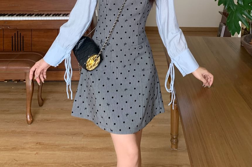 Long Sleeve Collared Dotted Mock Two Piece A-Line Dress SpreePicky