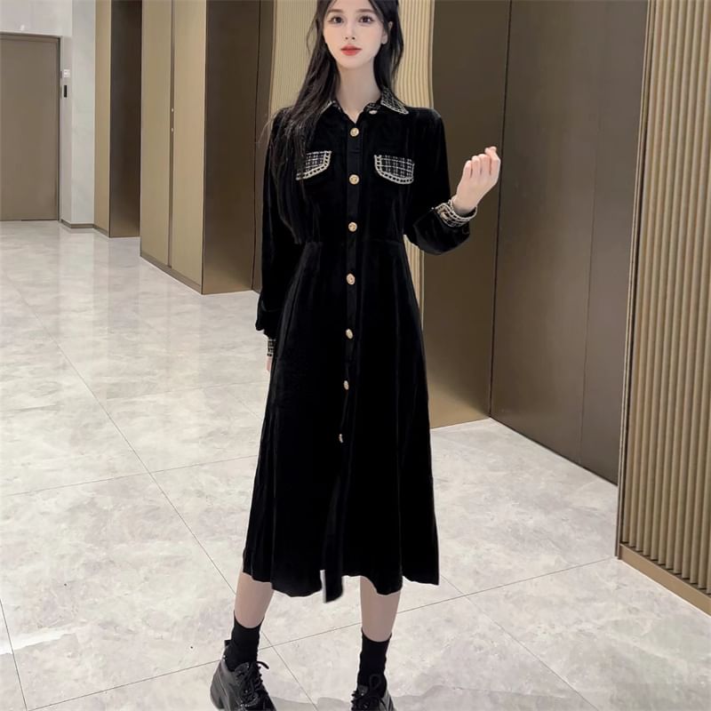 Long Sleeve Collared Plaid Button Panel Velvet Midi A-Line Dress SpreePicky