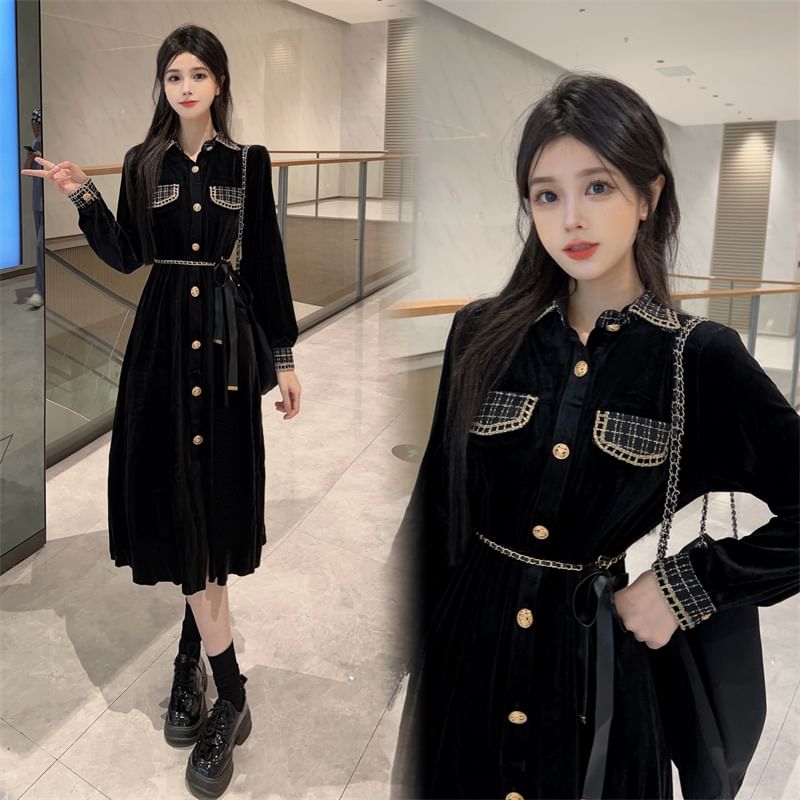 Long Sleeve Collared Plaid Button Panel Velvet Midi A-Line Dress SpreePicky