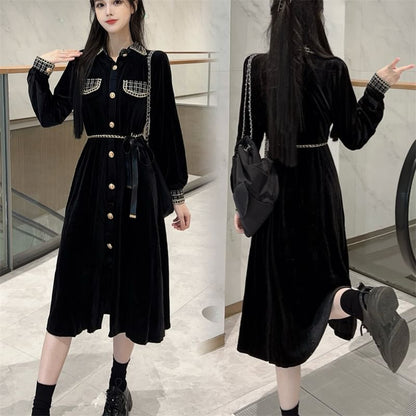 Long Sleeve Collared Plaid Button Panel Velvet Midi A-Line Dress SpreePicky