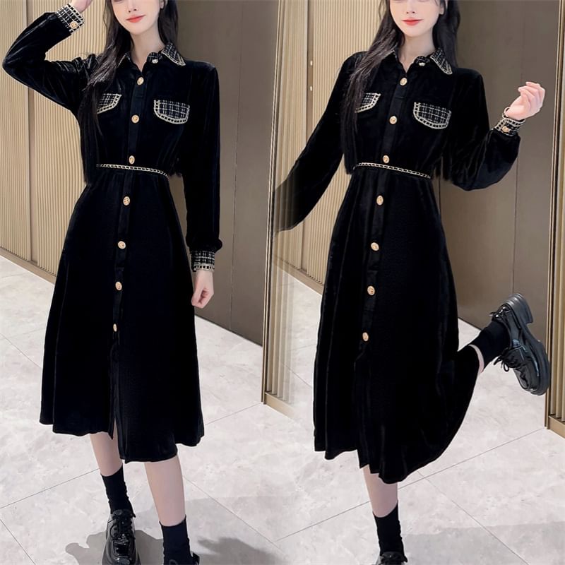 Long Sleeve Collared Plaid Button Panel Velvet Midi A-Line Dress SpreePicky