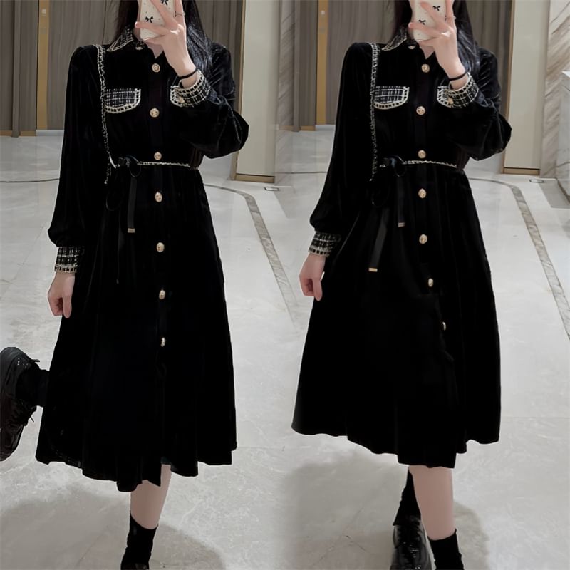 Long Sleeve Collared Plaid Button Panel Velvet Midi A-Line Dress SpreePicky