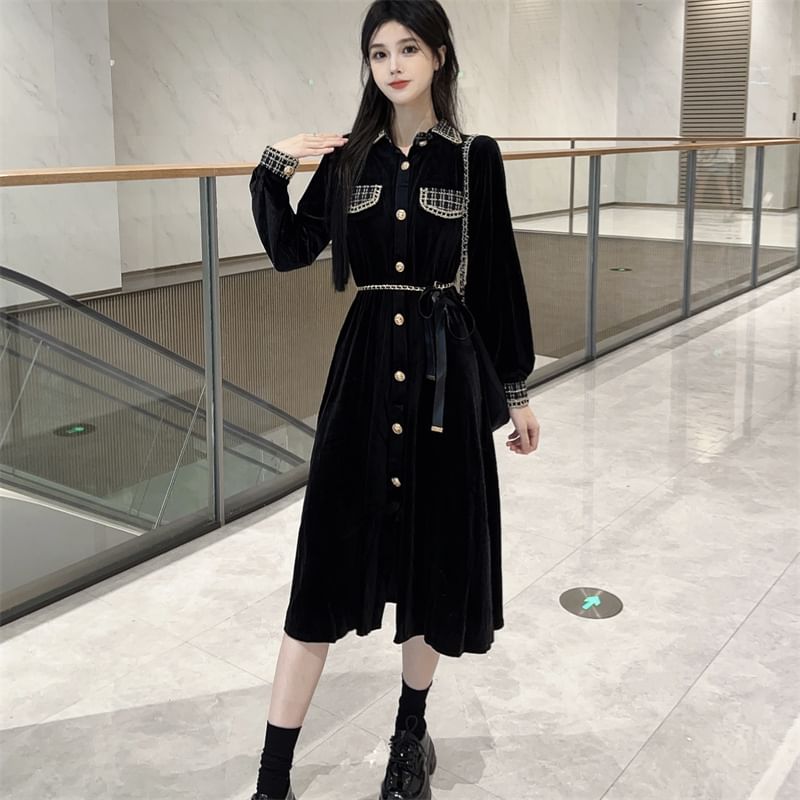 Long Sleeve Collared Plaid Button Panel Velvet Midi A-Line Dress SpreePicky