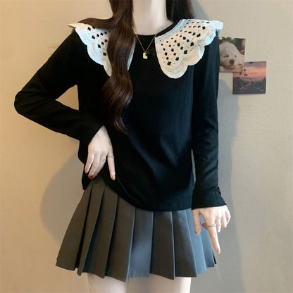 Long Sleeve Round Neck Two Tone Panel Top SpreePicky