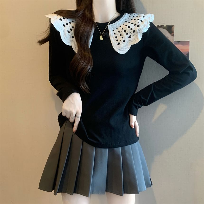 Long Sleeve Round Neck Two Tone Panel Top SpreePicky