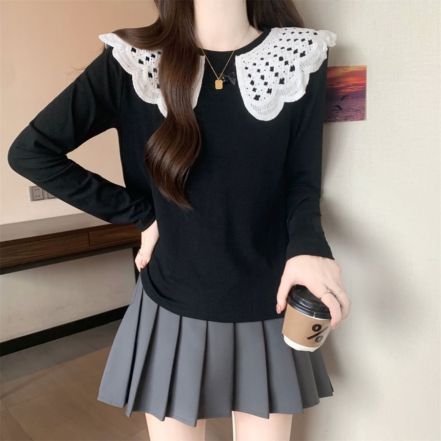 Long Sleeve Round Neck Two Tone Panel Top SpreePicky