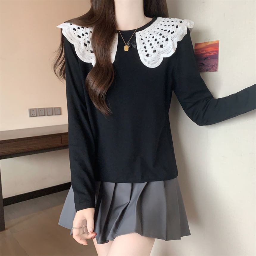 Long Sleeve Round Neck Two Tone Panel Top SpreePicky