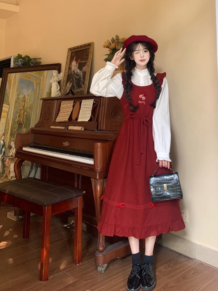 Long Sleeve Stand Collar Plain Frill Blouse / Cherry Embroidered Bow Ruffle Midi A-Line Overall Dress SpreePicky