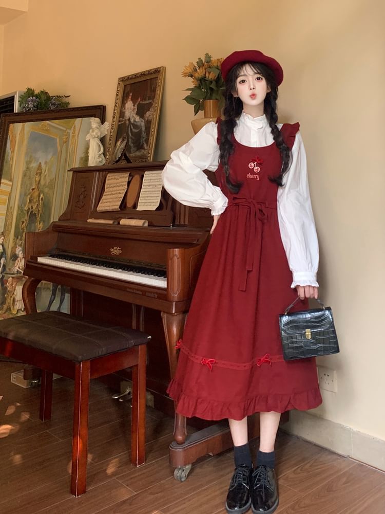 Long Sleeve Stand Collar Plain Frill Blouse / Cherry Embroidered Bow Ruffle Midi A-Line Overall Dress SpreePicky