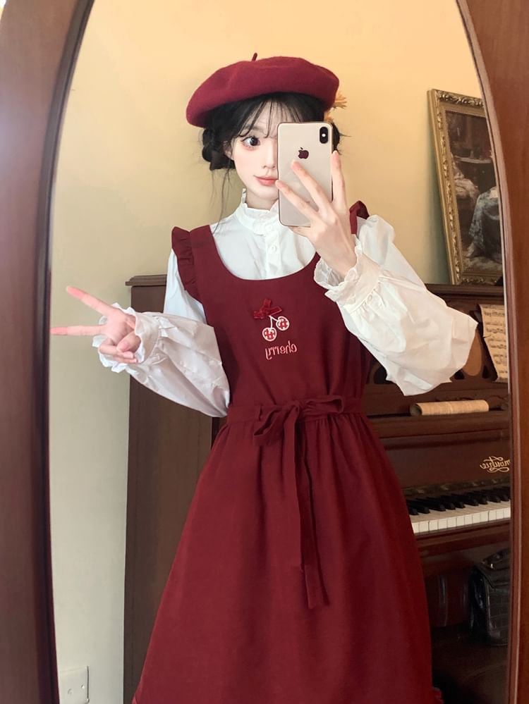 Long Sleeve Stand Collar Plain Frill Blouse / Cherry Embroidered Bow Ruffle Midi A-Line Overall Dress SpreePicky