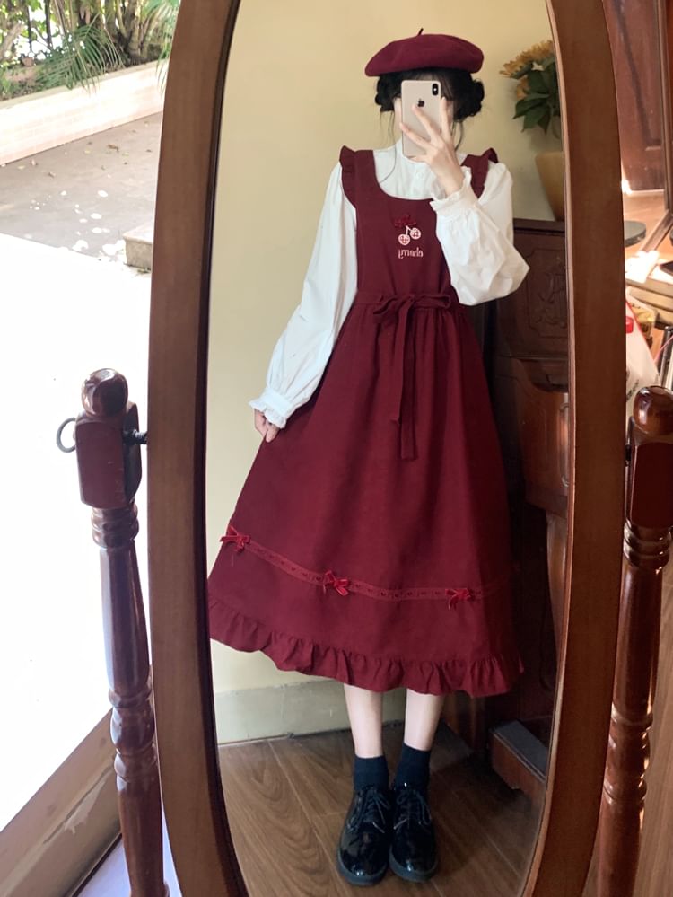 Long Sleeve Stand Collar Plain Frill Blouse / Cherry Embroidered Bow Ruffle Midi A-Line Overall Dress SpreePicky