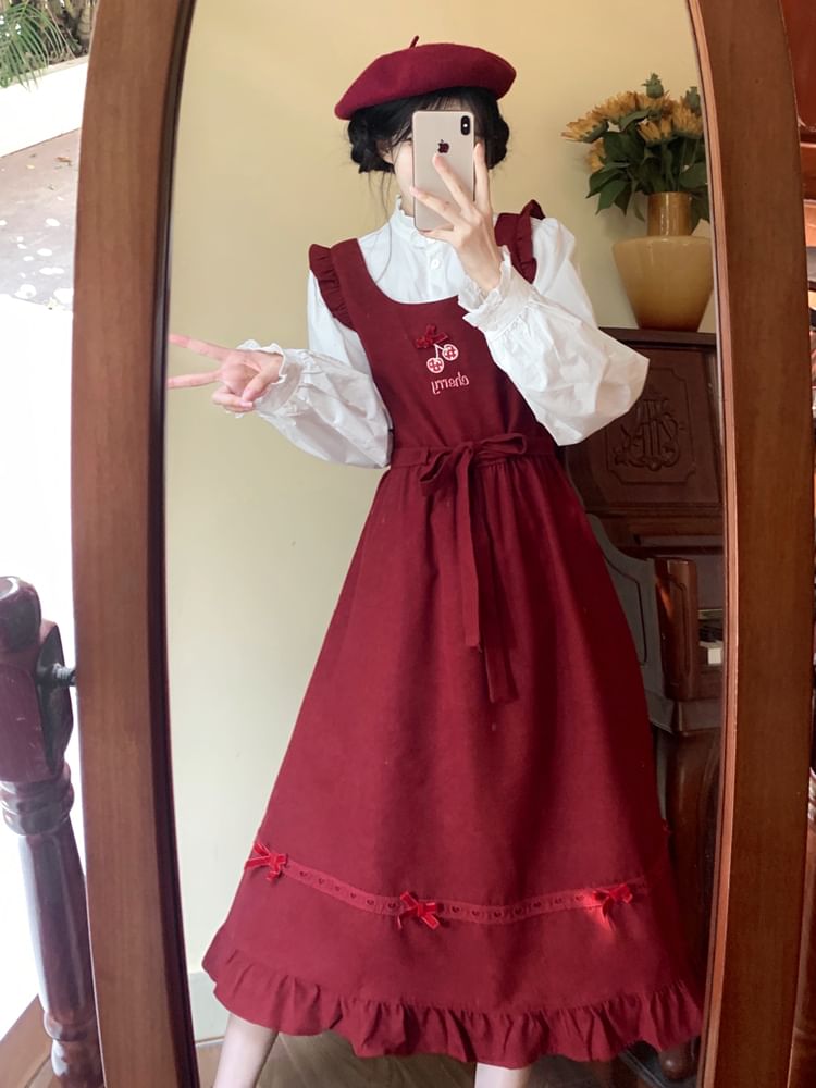 Long Sleeve Stand Collar Plain Frill Blouse / Cherry Embroidered Bow Ruffle Midi A-Line Overall Dress SpreePicky