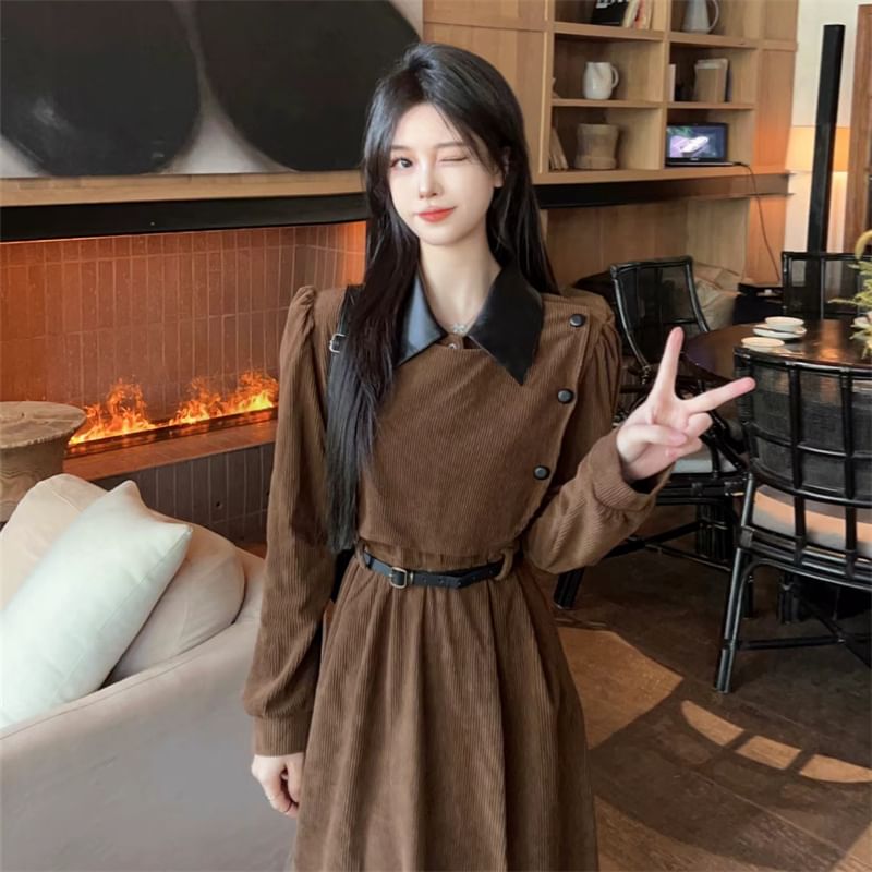 Long Sleeve Contrast Collar Mock Two Piece Corduroy Midi A-Line Dress SpreePicky