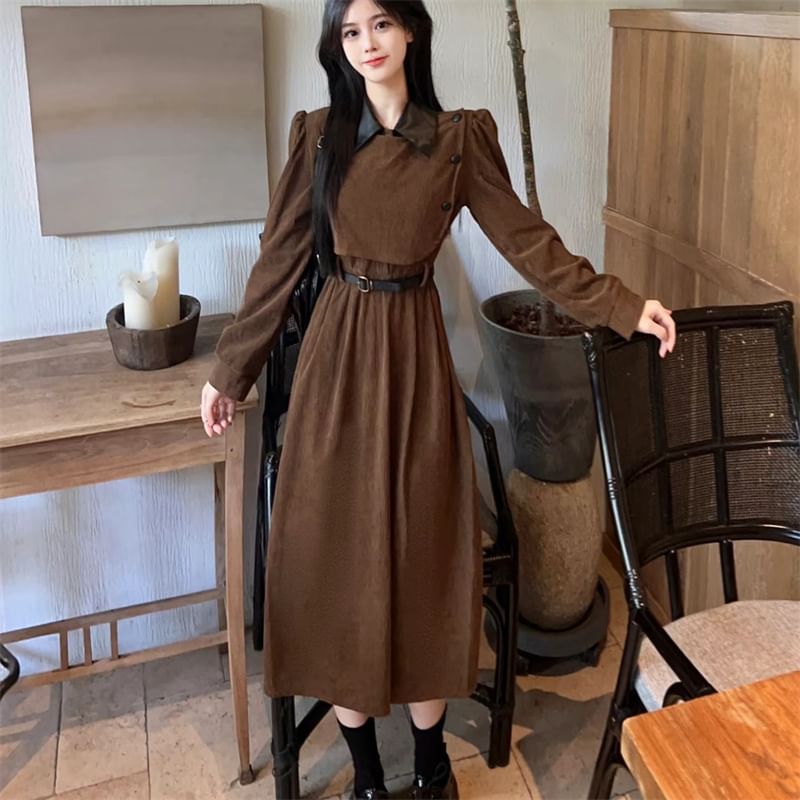 Long Sleeve Contrast Collar Mock Two Piece Corduroy Midi A-Line Dress SpreePicky