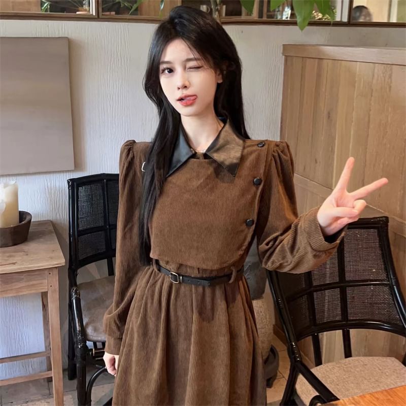 Long Sleeve Contrast Collar Mock Two Piece Corduroy Midi A-Line Dress SpreePicky