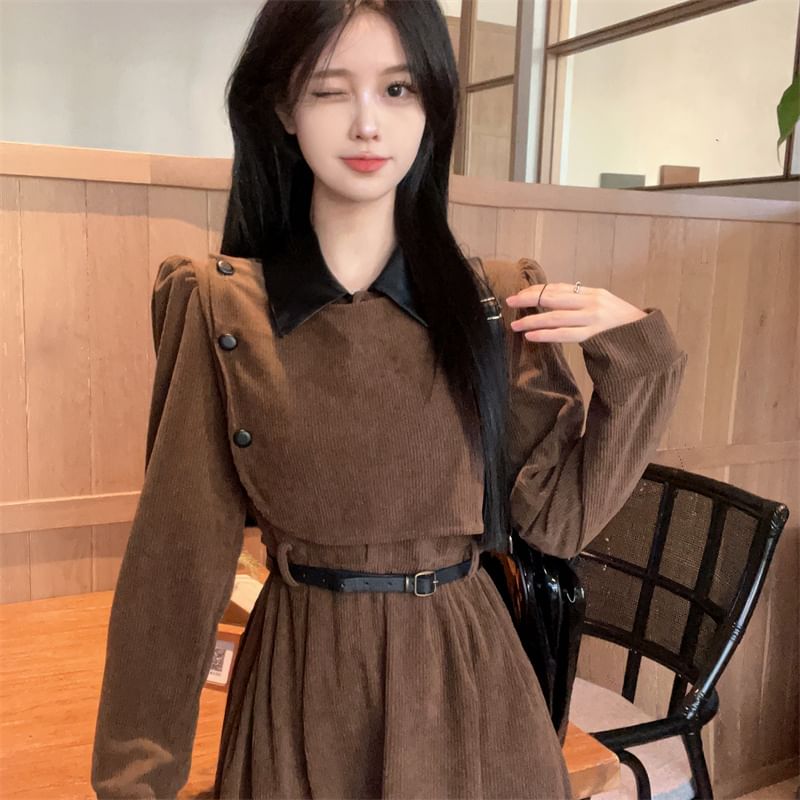 Long Sleeve Contrast Collar Mock Two Piece Corduroy Midi A-Line Dress SpreePicky