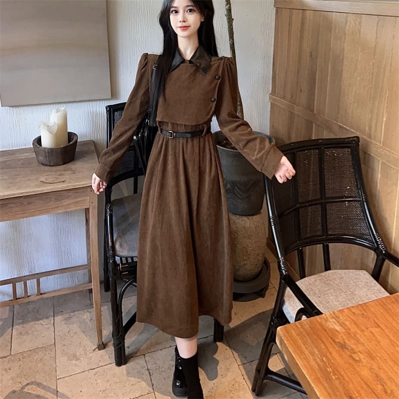 Long Sleeve Contrast Collar Mock Two Piece Corduroy Midi A-Line Dress SpreePicky