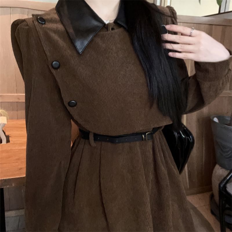 Long Sleeve Contrast Collar Mock Two Piece Corduroy Midi A-Line Dress SpreePicky