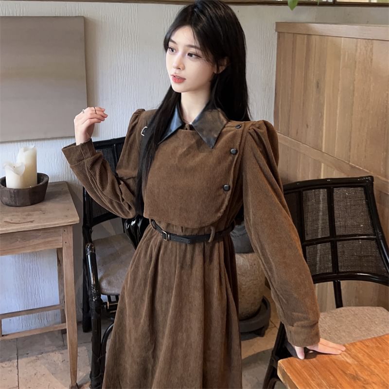 Long Sleeve Contrast Collar Mock Two Piece Corduroy Midi A-Line Dress SpreePicky