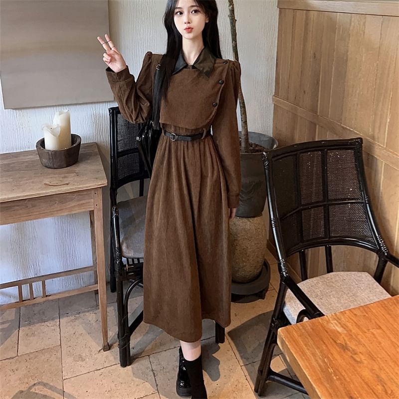 Long Sleeve Contrast Collar Mock Two Piece Corduroy Midi A-Line Dress SpreePicky