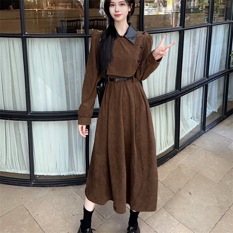 Long Sleeve Contrast Collar Mock Two Piece Corduroy Midi A-Line Dress SpreePicky