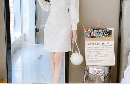 Traditional Chinese Long-Sleeve Stand Collar Butterfly Print Faux Pearl Accent Frog Buttoned Mini Sheath Qipao SpreePicky