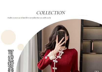 Long-Sleeve Stand Collar Contrast Trim Frog Buttoned Corduroy Mini A-Line Dress SpreePicky