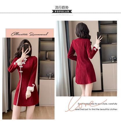 Long-Sleeve Stand Collar Contrast Trim Frog Buttoned Corduroy Mini A-Line Dress SpreePicky