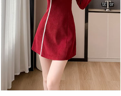 Long-Sleeve Stand Collar Contrast Trim Frog Buttoned Corduroy Mini A-Line Dress SpreePicky