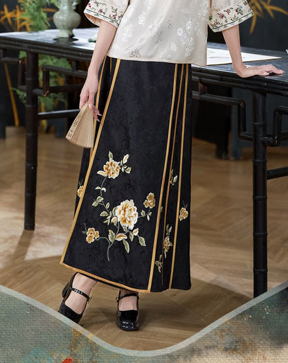 Traditional Chinese 3/4-Sleeve Crew Neck Floral Embroidered Jacquard Frog Buttoned Blouse / High Rise Contrast Trim Maxi A-Line Skirt / Set SpreePicky