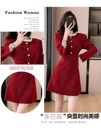 Long-Sleeve Stand Collar Glitter Button Accent Contrast Frill Trim Mini A-Line Dress SpreePicky