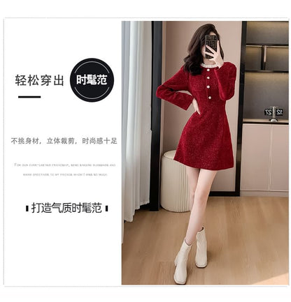 Long-Sleeve Stand Collar Glitter Button Accent Contrast Frill Trim Mini A-Line Dress SpreePicky