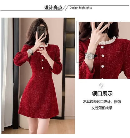 Long-Sleeve Stand Collar Glitter Button Accent Contrast Frill Trim Mini A-Line Dress SpreePicky