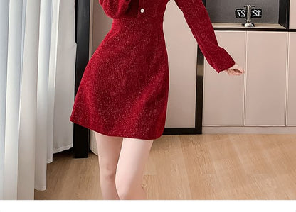 Long-Sleeve Stand Collar Glitter Button Accent Contrast Frill Trim Mini A-Line Dress SpreePicky