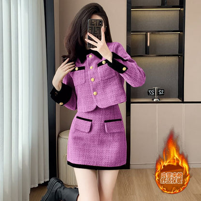 Set: Collared Contrast Trim Button-Up Tweed Crop Jacket + High Rise Mini A-Line Skirt SpreePicky