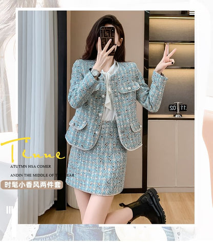 Set: Crew Neck Faux Pearl Buttoned Tweed Jacket + High Waist Mini Pencil Skirt SpreePicky