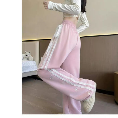 High Waist Lace Panel Bow Embroidered Loose-Fit Wide-Leg Sweatpants SpreePicky