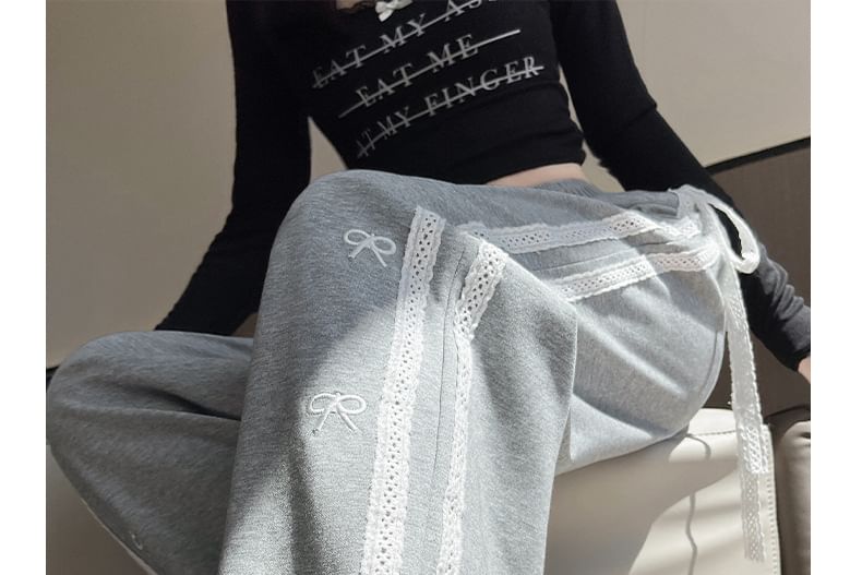 High Waist Lace Panel Bow Embroidered Loose-Fit Wide-Leg Sweatpants SpreePicky