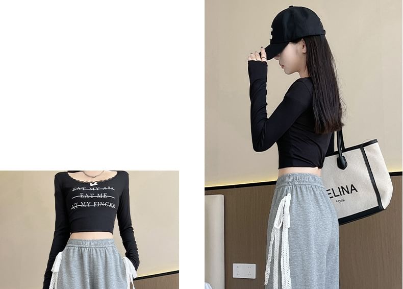 High Waist Lace Panel Bow Embroidered Loose-Fit Wide-Leg Sweatpants SpreePicky