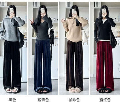 Velvet High Waist Elastic Waist Drape Wide Leg Pants SpreePicky