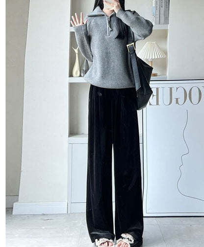 Velvet High Waist Elastic Waist Drape Wide Leg Pants SpreePicky