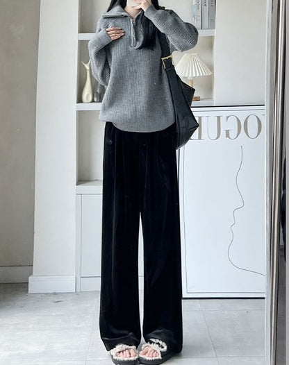 Velvet High Waist Elastic Waist Drape Wide Leg Pants SpreePicky