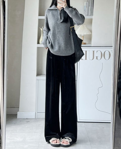 Velvet High Waist Elastic Waist Drape Wide Leg Pants SpreePicky