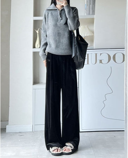 Velvet High Waist Elastic Waist Drape Wide Leg Pants SpreePicky