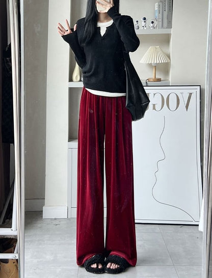 Velvet High Waist Elastic Waist Drape Wide Leg Pants SpreePicky