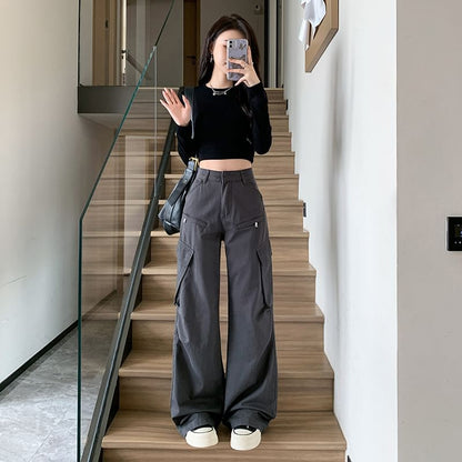 High Waist Plain Wide Leg Cargo Pants SpreePicky