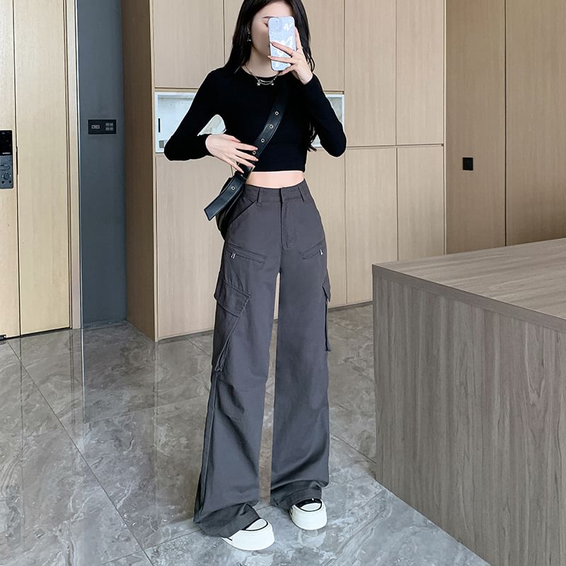 High Waist Plain Wide Leg Cargo Pants SpreePicky