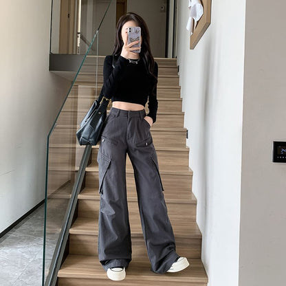 High Waist Plain Wide Leg Cargo Pants SpreePicky